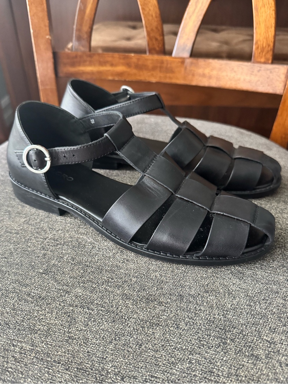 Anthropologie Pilcro Maris Fisherman Sandals 37 Black Leather Classic Cage Flats - Picture 6 of 15